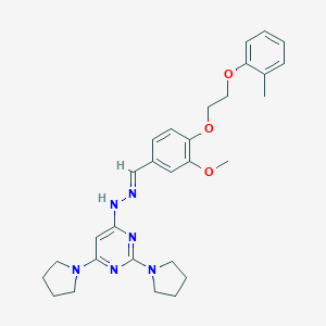 molecular formula C29H36N6O3 B304864 4-[(2E)-2-{3-methoxy-4-[2-(2-methylphenoxy)ethoxy]benzylidene}hydrazinyl]-2,6-di(pyrrolidin-1-yl)pyrimidine 