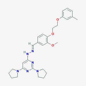 molecular formula C29H36N6O3 B304865 4-[(2E)-2-{3-methoxy-4-[2-(3-methylphenoxy)ethoxy]benzylidene}hydrazinyl]-2,6-di(pyrrolidin-1-yl)pyrimidine 