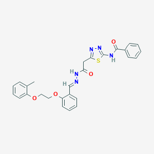 molecular formula C27H25N5O4S B304866 N-{5-[2-(2-{2-[2-(2-methylphenoxy)ethoxy]benzylidene}hydrazino)-2-oxoethyl]-1,3,4-thiadiazol-2-yl}benzamide 