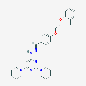 molecular formula C30H38N6O2 B304875 4-[(2E)-2-{4-[2-(2-methylphenoxy)ethoxy]benzylidene}hydrazinyl]-2,6-di(piperidin-1-yl)pyrimidine 