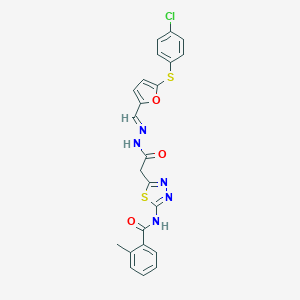 molecular formula C23H18ClN5O3S2 B304880 N-(5-{2-[(2E)-2-({5-[(4-chlorophenyl)sulfanyl]furan-2-yl}methylidene)hydrazinyl]-2-oxoethyl}-1,3,4-thiadiazol-2-yl)-2-methylbenzamide 