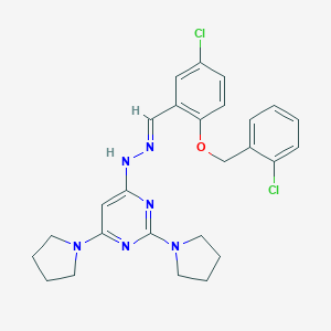 molecular formula C26H28Cl2N6O B304882 4-[(2E)-2-{5-chloro-2-[(2-chlorobenzyl)oxy]benzylidene}hydrazinyl]-2,6-di(pyrrolidin-1-yl)pyrimidine 