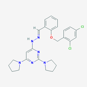 molecular formula C26H28Cl2N6O B304883 4-[(2E)-2-{2-[(2,4-dichlorobenzyl)oxy]benzylidene}hydrazinyl]-2,6-di(pyrrolidin-1-yl)pyrimidine 