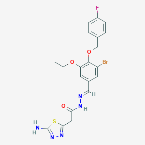 molecular formula C20H19BrFN5O3S B304896 2-(5-amino-1,3,4-thiadiazol-2-yl)-N'-[(E)-{3-bromo-5-ethoxy-4-[(4-fluorobenzyl)oxy]phenyl}methylidene]acetohydrazide 