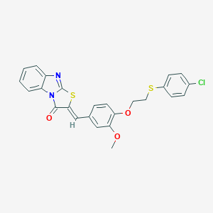 molecular formula C25H19ClN2O3S2 B304900 2-(4-{2-[(4-chlorophenyl)sulfanyl]ethoxy}-3-methoxybenzylidene)[1,3]thiazolo[3,2-a]benzimidazol-3(2H)-one 