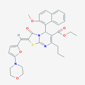 molecular formula C32H33N3O6S B304915 ethyl 5-(2-methoxy-1-naphthyl)-2-{[5-(4-morpholinyl)-2-furyl]methylene}-3-oxo-7-propyl-2,3-dihydro-5H-[1,3]thiazolo[3,2-a]pyrimidine-6-carboxylate 