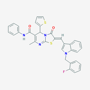 molecular formula C34H25FN4O2S2 B304918 2-{[1-(2-fluorobenzyl)-1H-indol-3-yl]methylene}-7-methyl-3-oxo-N-phenyl-5-(2-thienyl)-2,3-dihydro-5H-[1,3]thiazolo[3,2-a]pyrimidine-6-carboxamide 