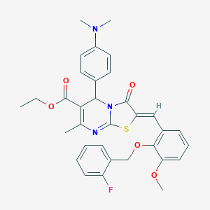 molecular formula C33H32FN3O5S B304919 ethyl 5-[4-(dimethylamino)phenyl]-2-{2-[(2-fluorobenzyl)oxy]-3-methoxybenzylidene}-7-methyl-3-oxo-2,3-dihydro-5H-[1,3]thiazolo[3,2-a]pyrimidine-6-carboxylate 