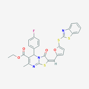 molecular formula C28H20FN3O4S3 B304920 ethyl 2-{[5-(1,3-benzothiazol-2-ylsulfanyl)-2-furyl]methylene}-5-(4-fluorophenyl)-7-methyl-3-oxo-2,3-dihydro-5H-[1,3]thiazolo[3,2-a]pyrimidine-6-carboxylate 