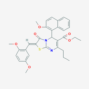 molecular formula C32H32N2O6S B304922 ethyl 2-(2,5-dimethoxybenzylidene)-5-(2-methoxy-1-naphthyl)-3-oxo-7-propyl-2,3-dihydro-5H-[1,3]thiazolo[3,2-a]pyrimidine-6-carboxylate 