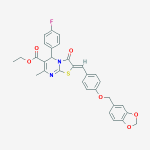 molecular formula C31H25FN2O6S B304923 ethyl 2-[4-(1,3-benzodioxol-5-ylmethoxy)benzylidene]-5-(4-fluorophenyl)-7-methyl-3-oxo-2,3-dihydro-5H-[1,3]thiazolo[3,2-a]pyrimidine-6-carboxylate 