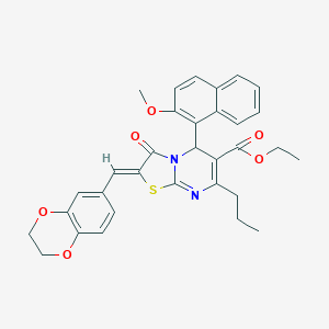 molecular formula C32H30N2O6S B304924 ethyl 2-(2,3-dihydro-1,4-benzodioxin-6-ylmethylene)-5-(2-methoxy-1-naphthyl)-3-oxo-7-propyl-2,3-dihydro-5H-[1,3]thiazolo[3,2-a]pyrimidine-6-carboxylate 