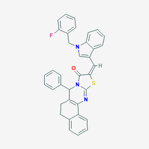 molecular formula C36H26FN3OS B304926 10-{[1-(2-fluorobenzyl)-1H-indol-3-yl]methylene}-7-phenyl-5,7-dihydro-6H-benzo[h][1,3]thiazolo[2,3-b]quinazolin-9(10H)-one 