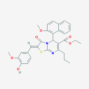 molecular formula C31H30N2O6S B304930 ethyl 2-(4-hydroxy-3-methoxybenzylidene)-5-(2-methoxy-1-naphthyl)-3-oxo-7-propyl-2,3-dihydro-5H-[1,3]thiazolo[3,2-a]pyrimidine-6-carboxylate 
