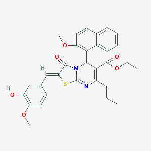 molecular formula C31H30N2O6S B304931 ethyl 2-(3-hydroxy-4-methoxybenzylidene)-5-(2-methoxy-1-naphthyl)-3-oxo-7-propyl-2,3-dihydro-5H-[1,3]thiazolo[3,2-a]pyrimidine-6-carboxylate 