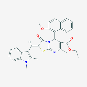 molecular formula C32H29N3O4S B304932 ethyl 2-[(1,2-dimethyl-1H-indol-3-yl)methylene]-5-(2-methoxy-1-naphthyl)-7-methyl-3-oxo-2,3-dihydro-5H-[1,3]thiazolo[3,2-a]pyrimidine-6-carboxylate 