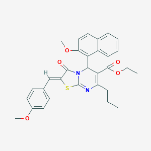 molecular formula C31H30N2O5S B304938 ethyl 2-(4-methoxybenzylidene)-5-(2-methoxy-1-naphthyl)-3-oxo-7-propyl-2,3-dihydro-5H-[1,3]thiazolo[3,2-a]pyrimidine-6-carboxylate 
