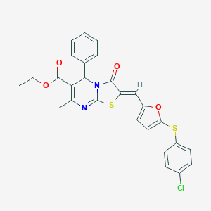 molecular formula C27H21ClN2O4S2 B304947 ethyl 2-({5-[(4-chlorophenyl)sulfanyl]-2-furyl}methylene)-7-methyl-3-oxo-5-phenyl-2,3-dihydro-5H-[1,3]thiazolo[3,2-a]pyrimidine-6-carboxylate 