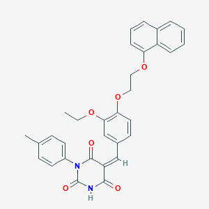 molecular formula C32H28N2O6 B304948 5-{3-ethoxy-4-[2-(1-naphthyloxy)ethoxy]benzylidene}-1-(4-methylphenyl)-2,4,6(1H,3H,5H)-pyrimidinetrione 