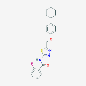 molecular formula C22H22FN3O2S B304953 N-{5-[(4-cyclohexylphenoxy)methyl]-1,3,4-thiadiazol-2-yl}-2-fluorobenzamide 