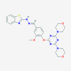 molecular formula C26H28N8O4S B304955 2-[(2E)-2-(4-{[4,6-di(morpholin-4-yl)-1,3,5-triazin-2-yl]oxy}-3-methoxybenzylidene)hydrazinyl]-1,3-benzothiazole 