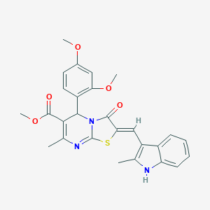 molecular formula C27H25N3O5S B304961 methyl 5-(2,4-dimethoxyphenyl)-7-methyl-2-[(2-methyl-1H-indol-3-yl)methylene]-3-oxo-2,3-dihydro-5H-[1,3]thiazolo[3,2-a]pyrimidine-6-carboxylate 