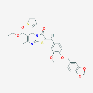 molecular formula C30H26N2O7S2 B304962 ethyl 2-[4-(1,3-benzodioxol-5-ylmethoxy)-3-methoxybenzylidene]-7-methyl-3-oxo-5-(2-thienyl)-2,3-dihydro-5H-[1,3]thiazolo[3,2-a]pyrimidine-6-carboxylate 