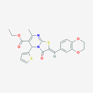 molecular formula C23H20N2O5S2 B304963 ethyl 2-(2,3-dihydro-1,4-benzodioxin-6-ylmethylene)-7-methyl-3-oxo-5-(2-thienyl)-2,3-dihydro-5H-[1,3]thiazolo[3,2-a]pyrimidine-6-carboxylate 