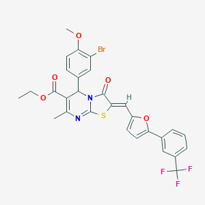 molecular formula C29H22BrF3N2O5S B304965 ethyl 5-(3-bromo-4-methoxyphenyl)-7-methyl-3-oxo-2-({5-[3-(trifluoromethyl)phenyl]-2-furyl}methylene)-2,3-dihydro-5H-[1,3]thiazolo[3,2-a]pyrimidine-6-carboxylate 