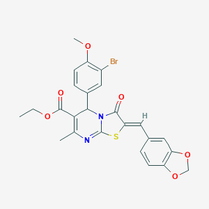 molecular formula C25H21BrN2O6S B304968 ethyl 2-(1,3-benzodioxol-5-ylmethylene)-5-(3-bromo-4-methoxyphenyl)-7-methyl-3-oxo-2,3-dihydro-5H-[1,3]thiazolo[3,2-a]pyrimidine-6-carboxylate 