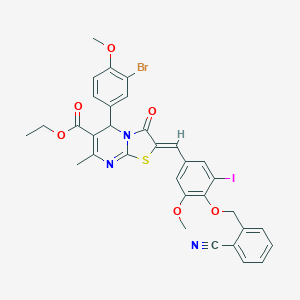 molecular formula C33H27BrIN3O6S B304969 ethyl 5-(3-bromo-4-methoxyphenyl)-2-{4-[(2-cyanobenzyl)oxy]-3-iodo-5-methoxybenzylidene}-7-methyl-3-oxo-2,3-dihydro-5H-[1,3]thiazolo[3,2-a]pyrimidine-6-carboxylate 