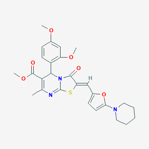 molecular formula C27H29N3O6S B304973 methyl 5-(2,4-dimethoxyphenyl)-7-methyl-3-oxo-2-{[5-(1-piperidinyl)-2-furyl]methylene}-2,3-dihydro-5H-[1,3]thiazolo[3,2-a]pyrimidine-6-carboxylate 