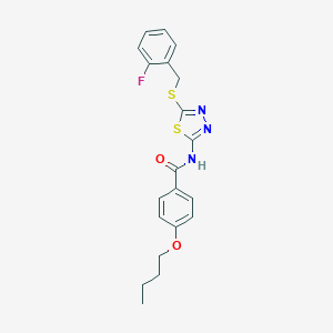 molecular formula C20H20FN3O2S2 B304977 4-butoxy-N-{5-[(2-fluorobenzyl)sulfanyl]-1,3,4-thiadiazol-2-yl}benzamide 