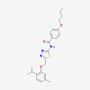 molecular formula C24H29N3O3S B304979 4-butoxy-N-{5-[(2-isopropyl-5-methylphenoxy)methyl]-1,3,4-thiadiazol-2-yl}benzamide 