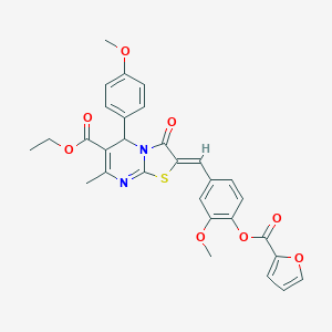 molecular formula C30H26N2O8S B304992 ethyl 2-[4-(2-furoyloxy)-3-methoxybenzylidene]-5-(4-methoxyphenyl)-7-methyl-3-oxo-2,3-dihydro-5H-[1,3]thiazolo[3,2-a]pyrimidine-6-carboxylate 