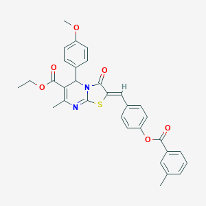 molecular formula C32H28N2O6S B304996 ethyl 5-(4-methoxyphenyl)-7-methyl-2-{4-[(3-methylbenzoyl)oxy]benzylidene}-3-oxo-2,3-dihydro-5H-[1,3]thiazolo[3,2-a]pyrimidine-6-carboxylate 