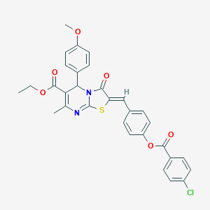 molecular formula C31H25ClN2O6S B304997 ethyl 2-{4-[(4-chlorobenzoyl)oxy]benzylidene}-5-(4-methoxyphenyl)-7-methyl-3-oxo-2,3-dihydro-5H-[1,3]thiazolo[3,2-a]pyrimidine-6-carboxylate 
