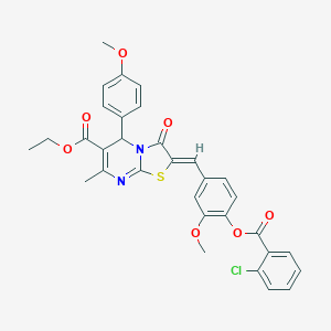 molecular formula C32H27ClN2O7S B305000 ethyl2-{4-[(2-chlorobenzoyl)oxy]-3-methoxybenzylidene}-5-(4-methoxyphenyl)-7-methyl-3-oxo-2,3-dihydro-5H-[1,3]thiazolo[3,2-a]pyrimidine-6-carboxylate 