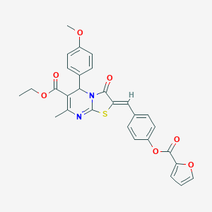 molecular formula C29H24N2O7S B305001 ethyl 2-[4-(2-furoyloxy)benzylidene]-5-(4-methoxyphenyl)-7-methyl-3-oxo-2,3-dihydro-5H-[1,3]thiazolo[3,2-a]pyrimidine-6-carboxylate 
