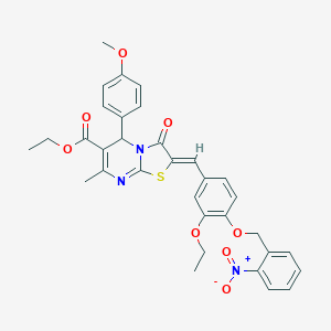 molecular formula C33H31N3O8S B305004 ethyl 2-[3-ethoxy-4-({2-nitrobenzyl}oxy)benzylidene]-5-(4-methoxyphenyl)-7-methyl-3-oxo-2,3-dihydro-5H-[1,3]thiazolo[3,2-a]pyrimidine-6-carboxylate 