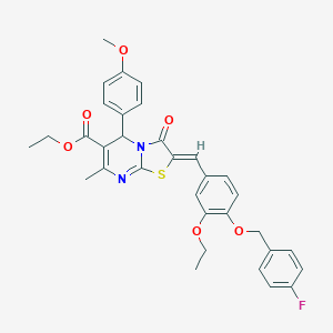 molecular formula C33H31FN2O6S B305005 ethyl2-{3-ethoxy-4-[(4-fluorobenzyl)oxy]benzylidene}-5-(4-methoxyphenyl)-7-methyl-3-oxo-2,3-dihydro-5H-[1,3]thiazolo[3,2-a]pyrimidine-6-carboxylate 