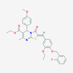 molecular formula C33H31FN2O6S B305006 ethyl 2-{3-ethoxy-4-[(2-fluorobenzyl)oxy]benzylidene}-5-(4-methoxyphenyl)-7-methyl-3-oxo-2,3-dihydro-5H-[1,3]thiazolo[3,2-a]pyrimidine-6-carboxylate 