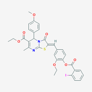 molecular formula C33H29IN2O7S B305007 ethyl 2-{3-ethoxy-4-[(2-iodobenzoyl)oxy]benzylidene}-5-(4-methoxyphenyl)-7-methyl-3-oxo-2,3-dihydro-5H-[1,3]thiazolo[3,2-a]pyrimidine-6-carboxylate 