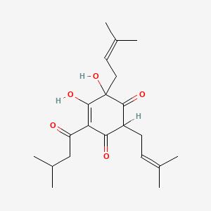 molecular formula C21H30O5 B3050074 5,6-Dihydroxy-4-(3-methylbutanoyl)-2,6-bis(3-methylbut-2-en-1-yl)cyclohex-4-ene-1,3-dione CAS No. 23510-81-8