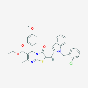 molecular formula C33H28ClN3O4S B305009 ethyl 2-{[1-(2-chlorobenzyl)-1H-indol-2-yl]methylene}-5-(4-methoxyphenyl)-7-methyl-3-oxo-2,3-dihydro-5H-[1,3]thiazolo[3,2-a]pyrimidine-6-carboxylate 