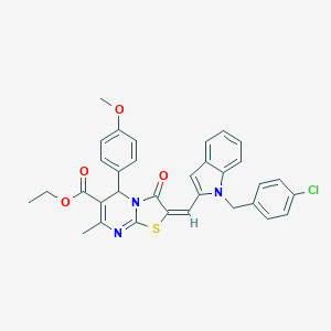 molecular formula C33H28ClN3O4S B305010 ethyl 2-{[1-(4-chlorobenzyl)-1H-indol-2-yl]methylene}-5-(4-methoxyphenyl)-7-methyl-3-oxo-2,3-dihydro-5H-[1,3]thiazolo[3,2-a]pyrimidine-6-carboxylate 