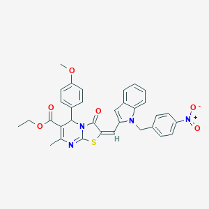 molecular formula C33H28N4O6S B305011 ethyl 2-[(1-{4-nitrobenzyl}-1H-indol-2-yl)methylene]-5-(4-methoxyphenyl)-7-methyl-3-oxo-2,3-dihydro-5H-[1,3]thiazolo[3,2-a]pyrimidine-6-carboxylate 