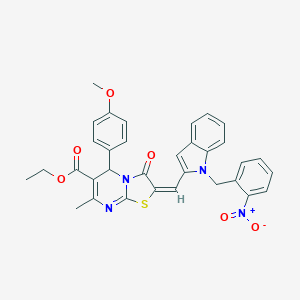 molecular formula C33H28N4O6S B305012 ethyl 2-[(1-{2-nitrobenzyl}-1H-indol-2-yl)methylene]-5-(4-methoxyphenyl)-7-methyl-3-oxo-2,3-dihydro-5H-[1,3]thiazolo[3,2-a]pyrimidine-6-carboxylate 