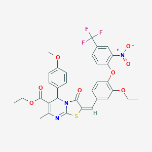 molecular formula C33H28F3N3O8S B305013 ethyl 2-{3-ethoxy-4-[2-nitro-4-(trifluoromethyl)phenoxy]benzylidene}-5-(4-methoxyphenyl)-7-methyl-3-oxo-2,3-dihydro-5H-[1,3]thiazolo[3,2-a]pyrimidine-6-carboxylate 