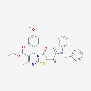 molecular formula C33H29N3O4S B305014 ethyl 2-[(1-benzyl-1H-indol-2-yl)methylene]-5-(4-methoxyphenyl)-7-methyl-3-oxo-2,3-dihydro-5H-[1,3]thiazolo[3,2-a]pyrimidine-6-carboxylate 